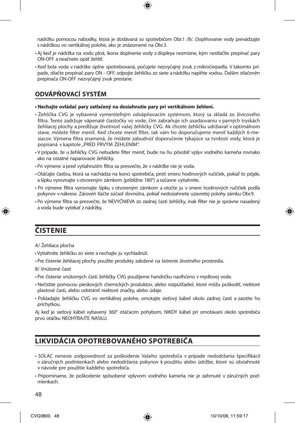 Čistenie, Likvidácia opotrebovaného spotrebiča, Odvápňovací systém | SOLAC CVG9805 User Manual | Page 48 / 68