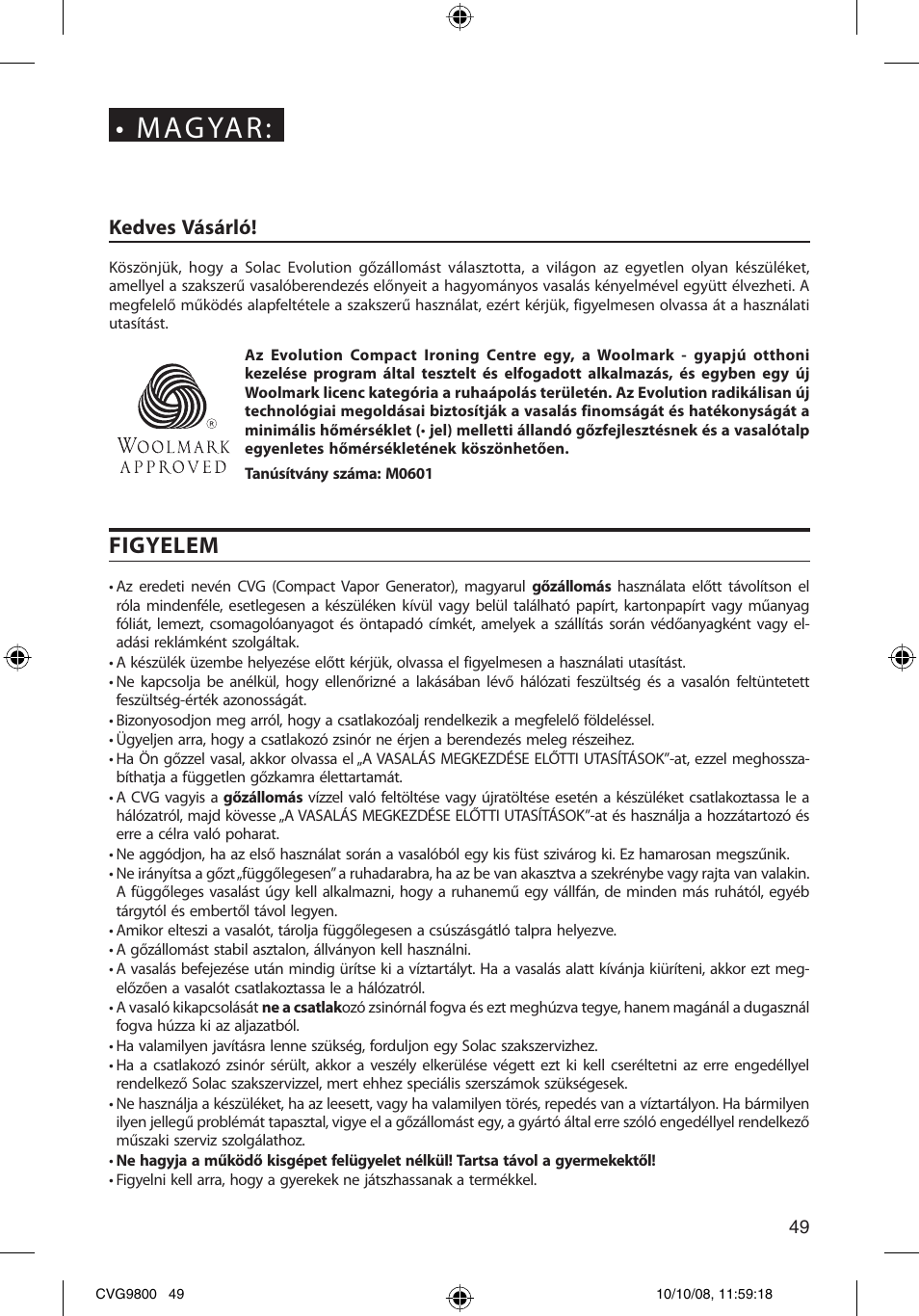 Mag ya r, Figyelem, Kedves vásárló | SOLAC CVG9805 User Manual | Page 49 / 68