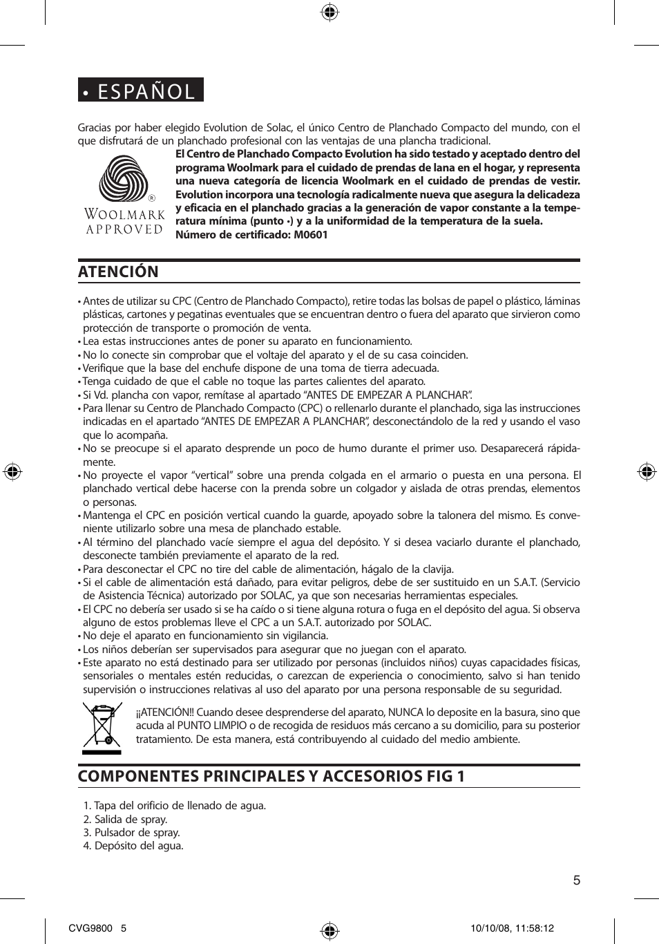 E s pa ñ o l, Atención, Componentes principales y accesorios fig 1 | SOLAC CVG9805 User Manual | Page 5 / 68