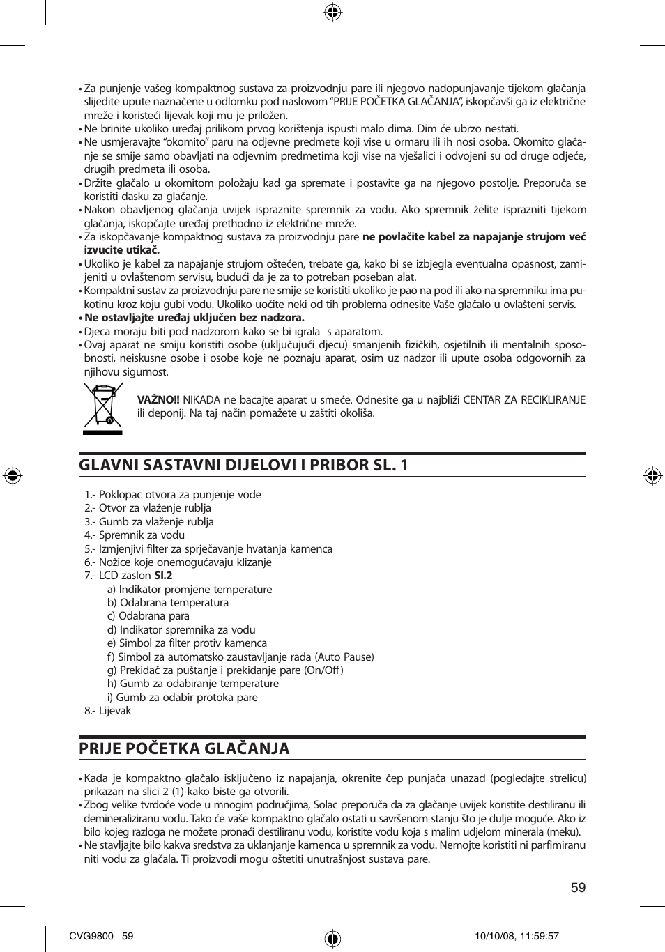 Glavni sastavni dijelovi i pribor sl. 1, Prije početka glačanja | SOLAC CVG9805 User Manual | Page 59 / 68