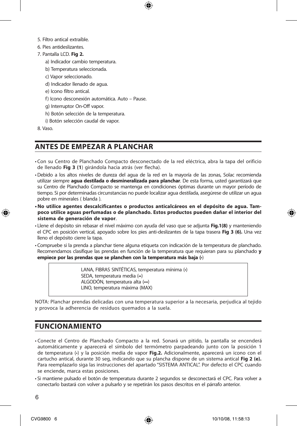 Antes de empezar a planchar, Funcionamiento | SOLAC CVG9805 User Manual | Page 6 / 68