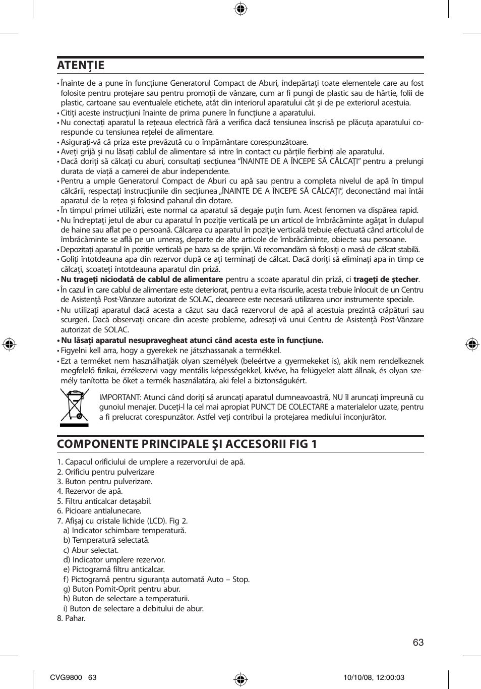 Atenţie, Componente principale şi accesorii fig 1 | SOLAC CVG9805 User Manual | Page 63 / 68