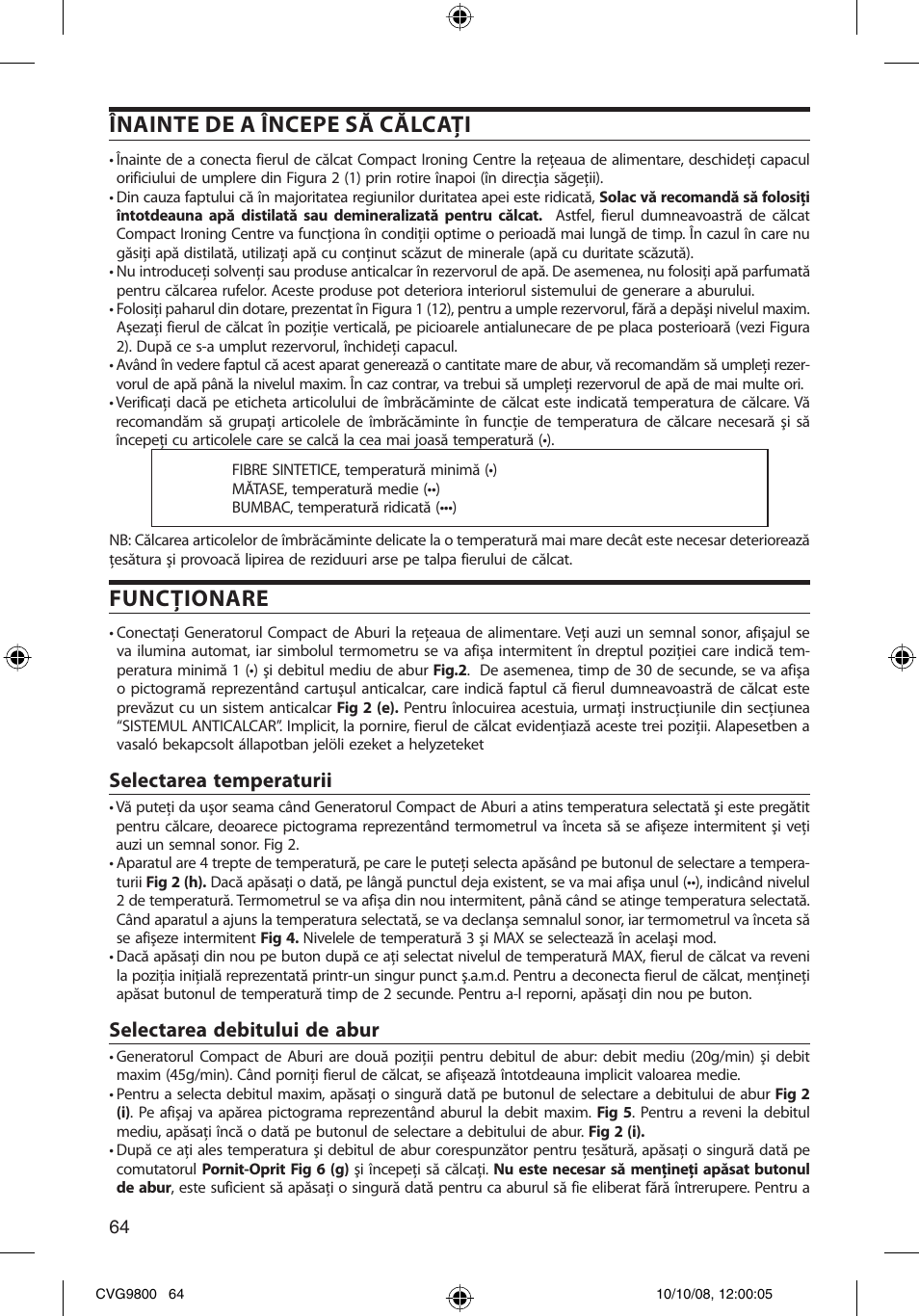 Înainte de a începe să călcaţi, Funcţionare, Selectarea temperaturii | Selectarea debitului de abur | SOLAC CVG9805 User Manual | Page 64 / 68