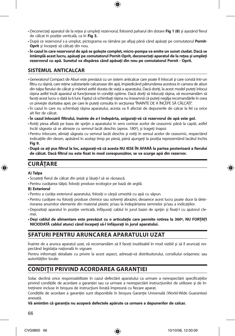 Curăţare, Sfaturi pentru aruncarea aparatului uzat, Condiţii privind acordarea garanţiei | Sistemul anticalcar | SOLAC CVG9805 User Manual | Page 66 / 68