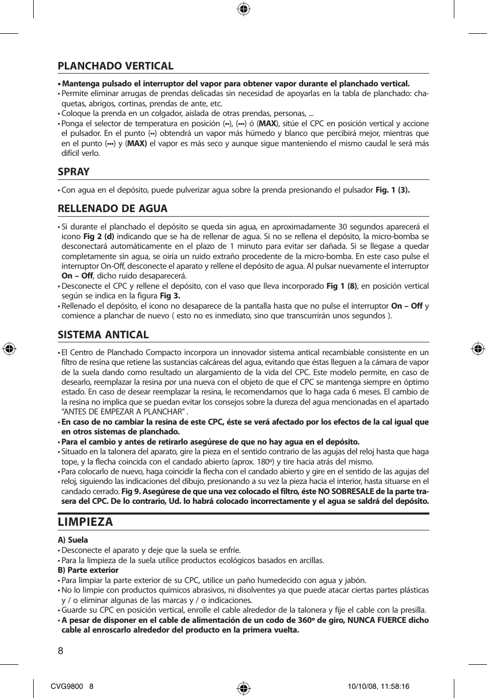 Limpieza, Planchado vertical, Spray | Rellenado de agua, Sistema antical | SOLAC CVG9805 User Manual | Page 8 / 68