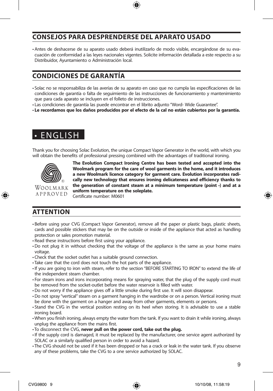 Consejos para desprenderse del aparato usado, Condiciones de garantía, Attention | SOLAC CVG9805 User Manual | Page 9 / 68