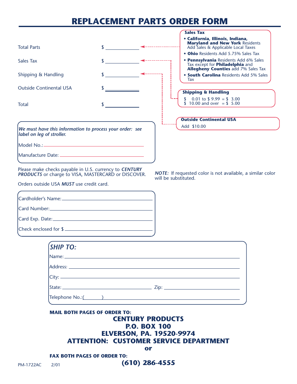 Replacement parts order form, Ship to | Century LIFESTYLE SERIER PM-1722AC User Manual | Page 14 / 16