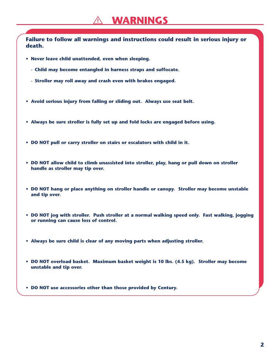 Warnings | Century LIFESTYLE SERIER PM-1722AC User Manual | Page 3 / 16