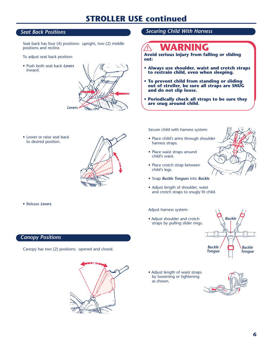 Warning, Stroller use continued | Century LIFESTYLE SERIER PM-1722AC User Manual | Page 7 / 16