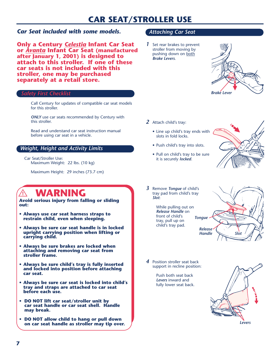 Warning, Car seat/stroller use, Car seat included with some models | Century LIFESTYLE SERIER PM-1722AC User Manual | Page 8 / 16