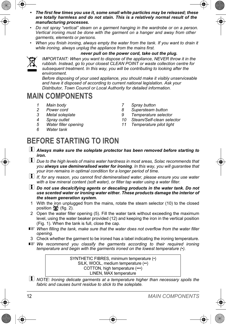Main components before starting to iron | SOLAC PV2015 User Manual | Page 12 / 81
