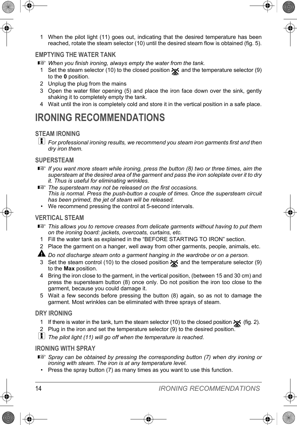 Ironing recommendations | SOLAC PV2015 User Manual | Page 14 / 81