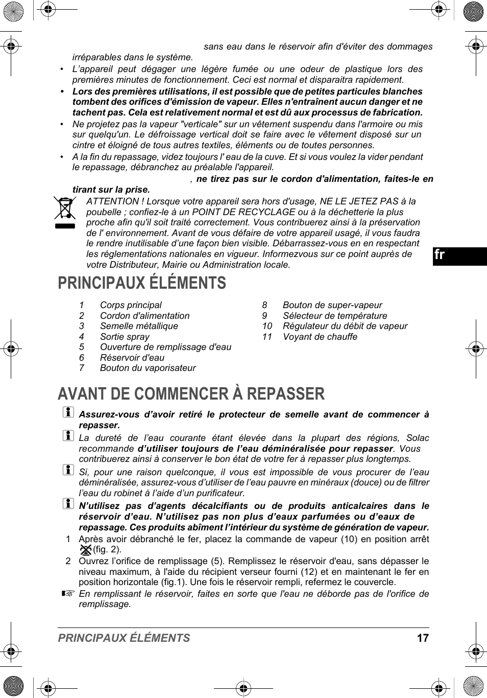 Principaux éléments avant de commencer à repasser | SOLAC PV2015 User Manual | Page 17 / 81