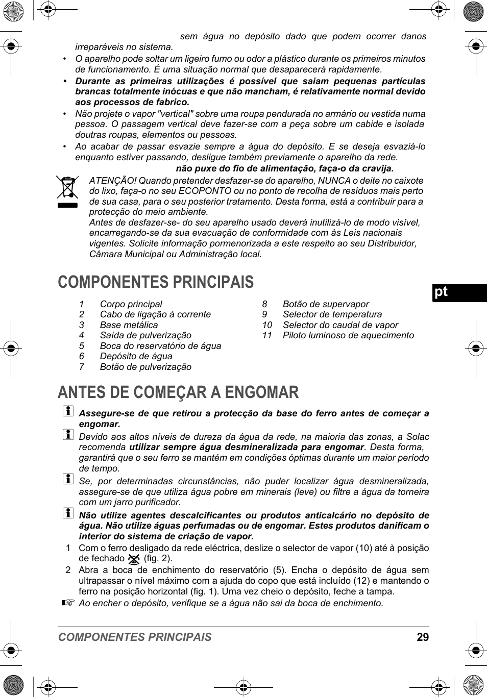 Componentes principais antes de começar a engomar | SOLAC PV2015 User Manual | Page 29 / 81