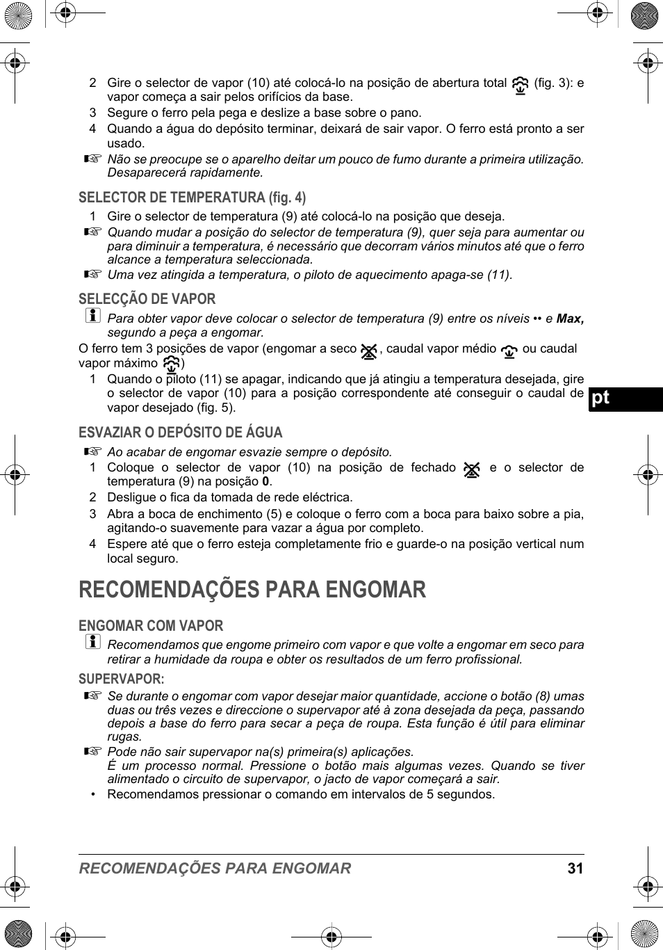 Recomendações para engomar | SOLAC PV2015 User Manual | Page 31 / 81