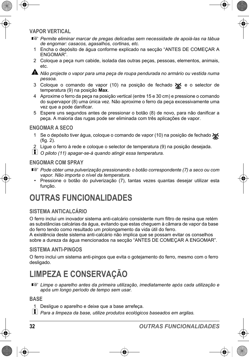 Outras funcionalidades, Limpeza e conservação | SOLAC PV2015 User Manual | Page 32 / 81