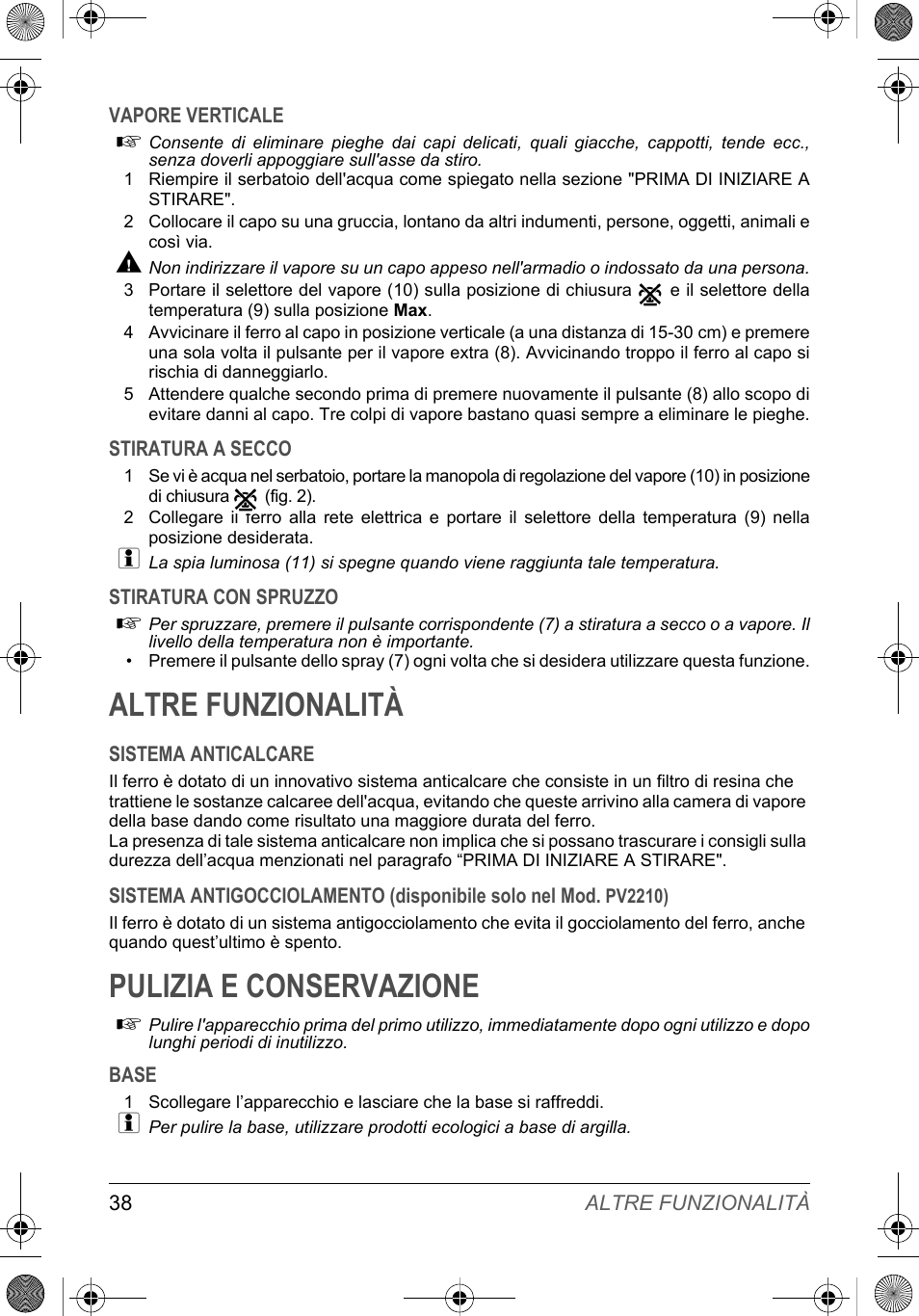 Altre funzionalità, Pulizia e conservazione | SOLAC PV2015 User Manual | Page 38 / 81