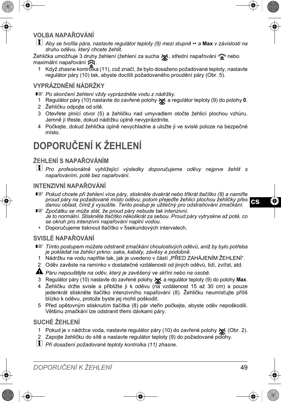 Doporučení k žehlení | SOLAC PV2015 User Manual | Page 49 / 81