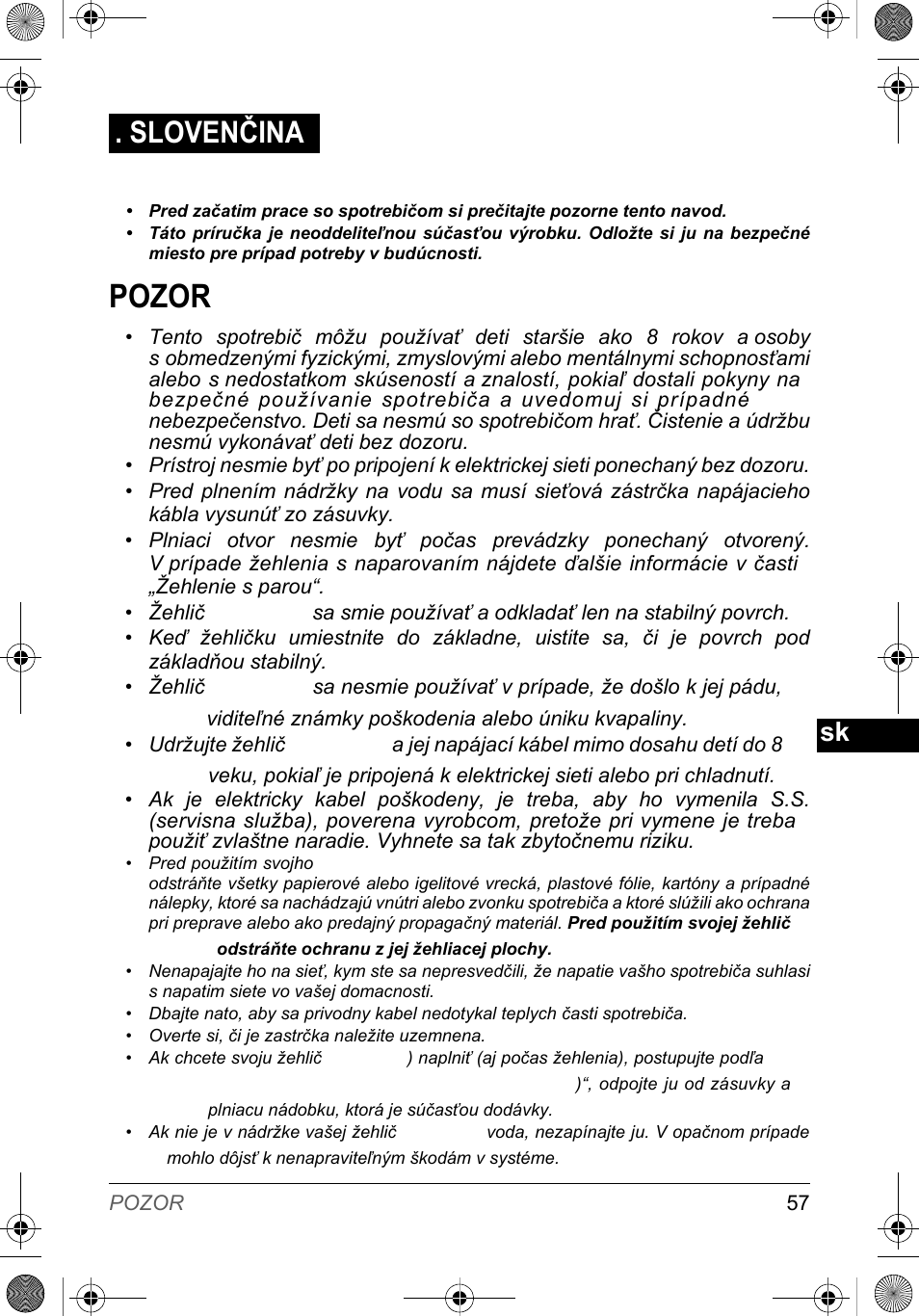 Pozor, Slovenčina | SOLAC PV2015 User Manual | Page 57 / 81