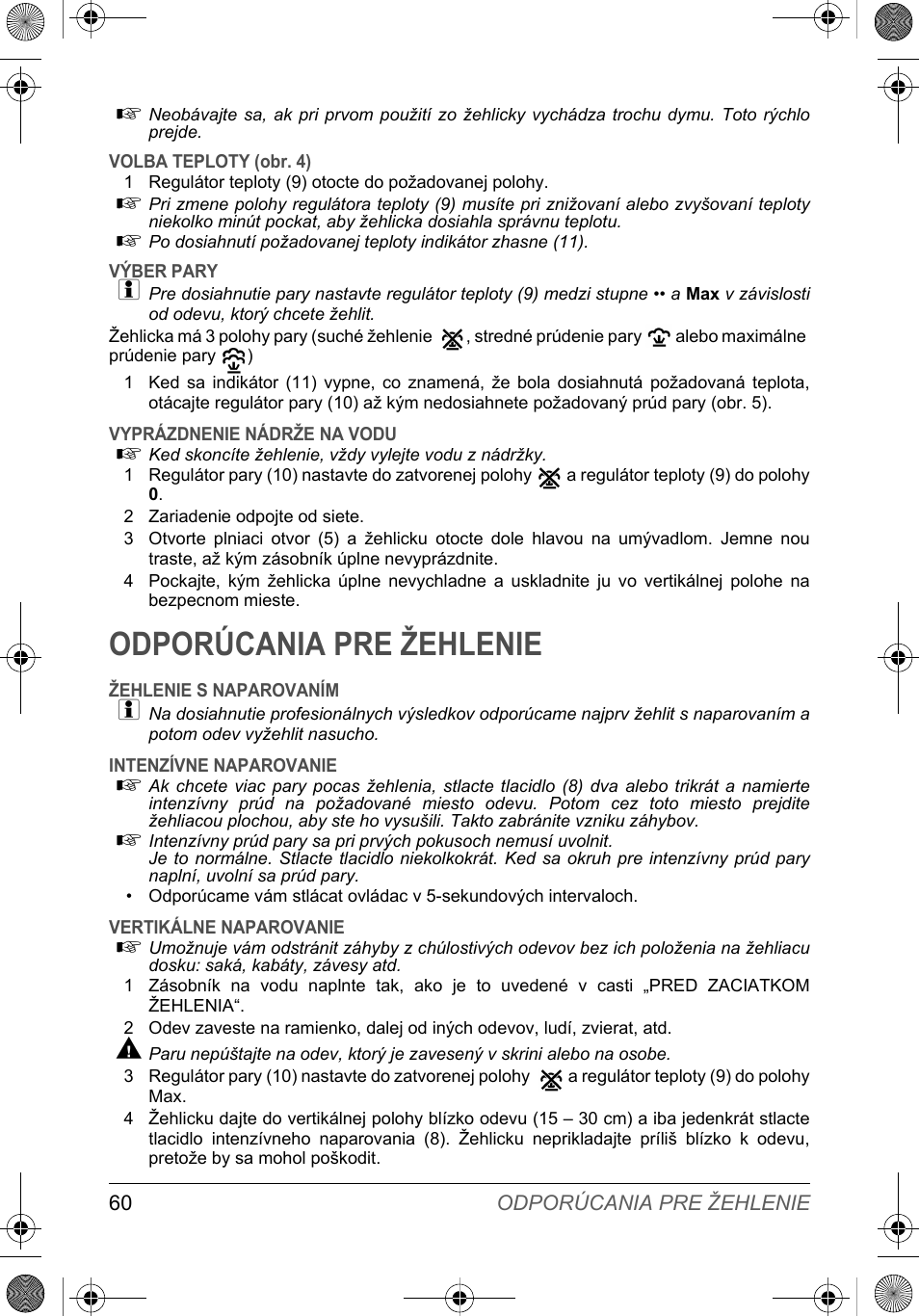 Odporúcania pre žehlenie | SOLAC PV2015 User Manual | Page 60 / 81