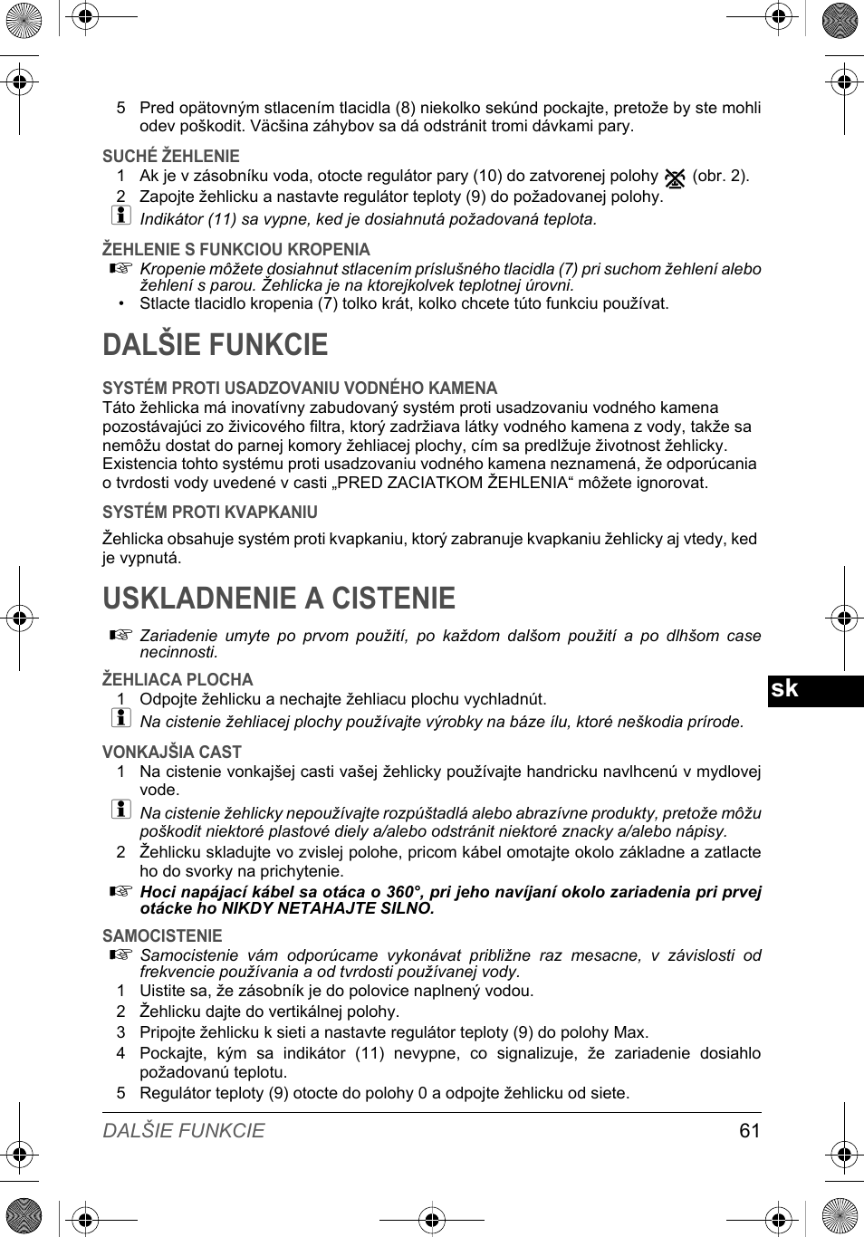 Dalšie funkcie, Uskladnenie a cistenie | SOLAC PV2015 User Manual | Page 61 / 81