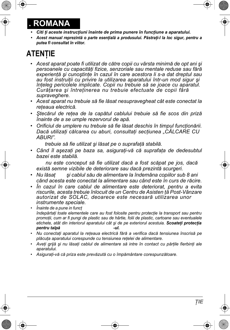 Romana, Atenţie | SOLAC PV2015 User Manual | Page 75 / 81