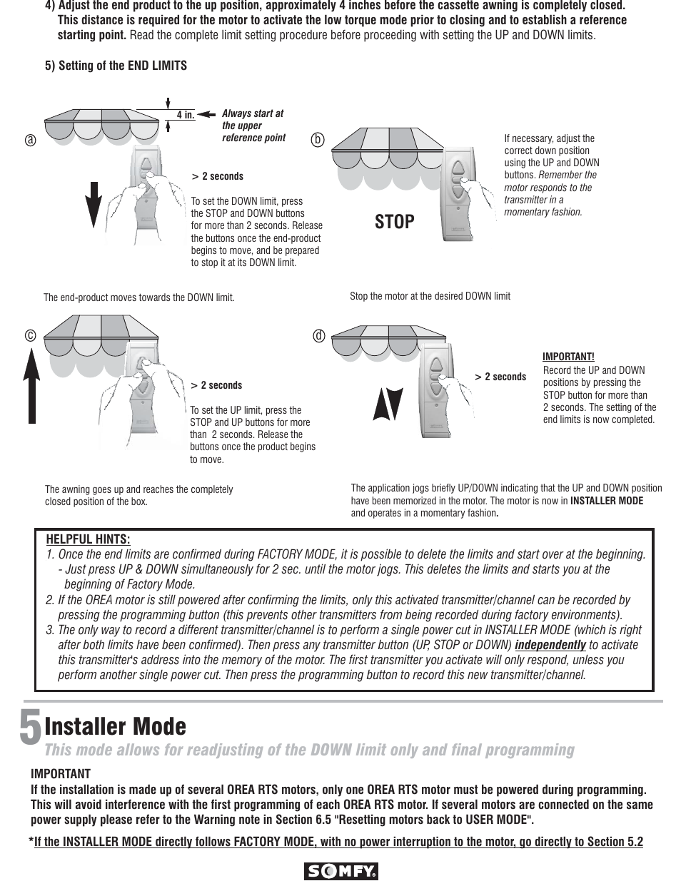 Installer mode, Stop | SOMFY OREA User Manual | Page 3 / 7