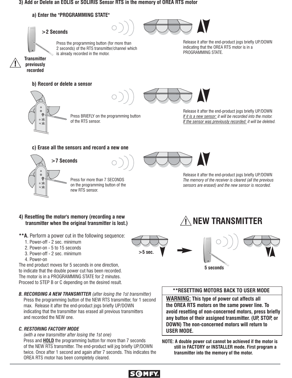 New transmitter, Warning | SOMFY OREA User Manual | Page 6 / 7