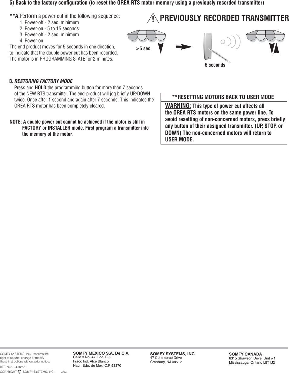 Previously recorded transmitter, Warning | SOMFY OREA User Manual | Page 7 / 7