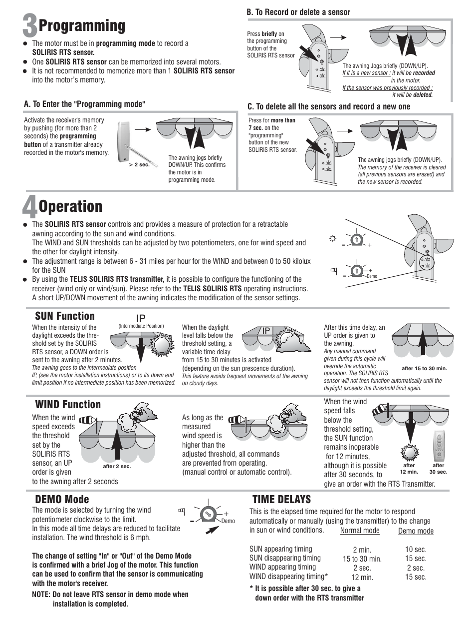 Operation programming, Sun function, Wind function demo mode time delays ip | SOMFY SOLIRIS RTS 24V KIT User Manual | Page 2 / 2