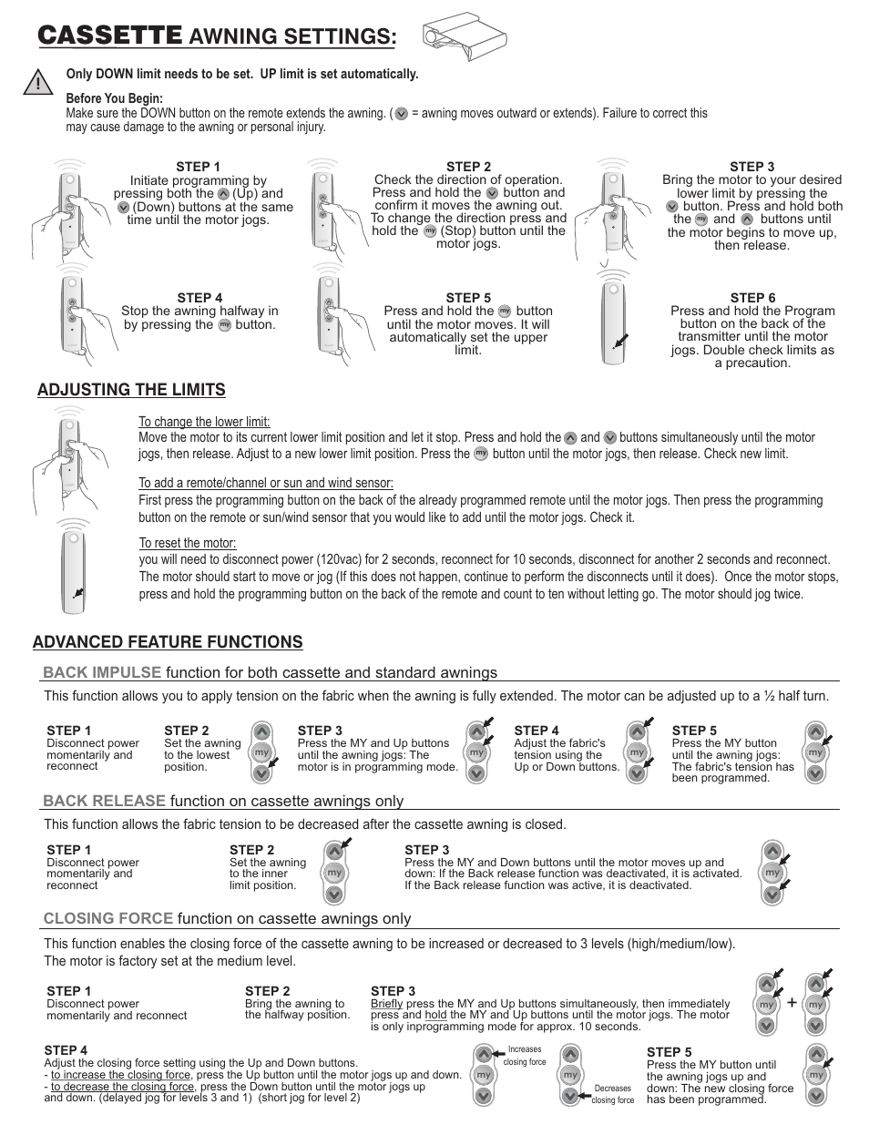 Cassette, Awning settings, Adjusting the limits | Advanced feature functions | SOMFY SUNEA CMO User Manual | Page 2 / 2