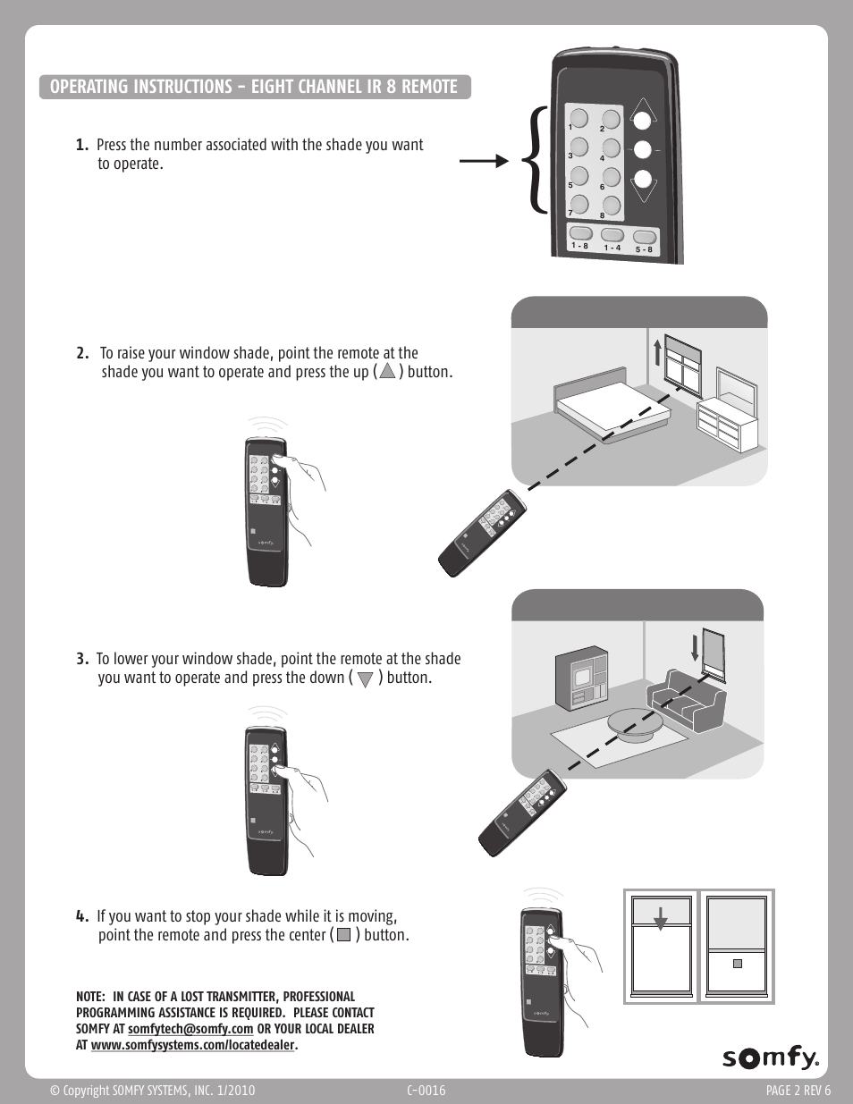 Operating instructions, Operating instructions - eight channel ir 8 remote, C-0016 | Pr g o, Stop ( ) | SOMFY INFRARED 8 CHANNEL REMOTE User Manual | Page 2 / 2