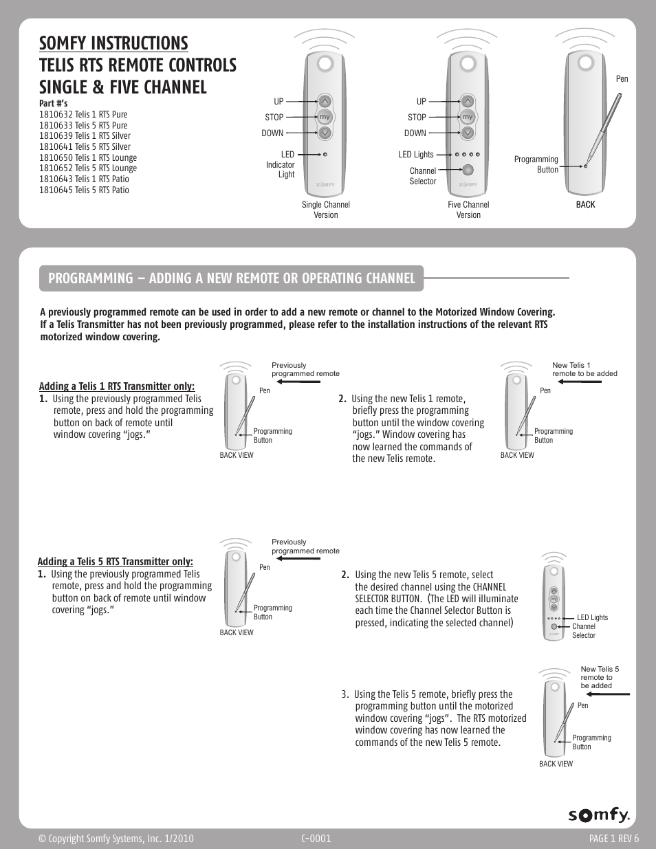 SOMFY TELIS RTS User Manual | 2 pages