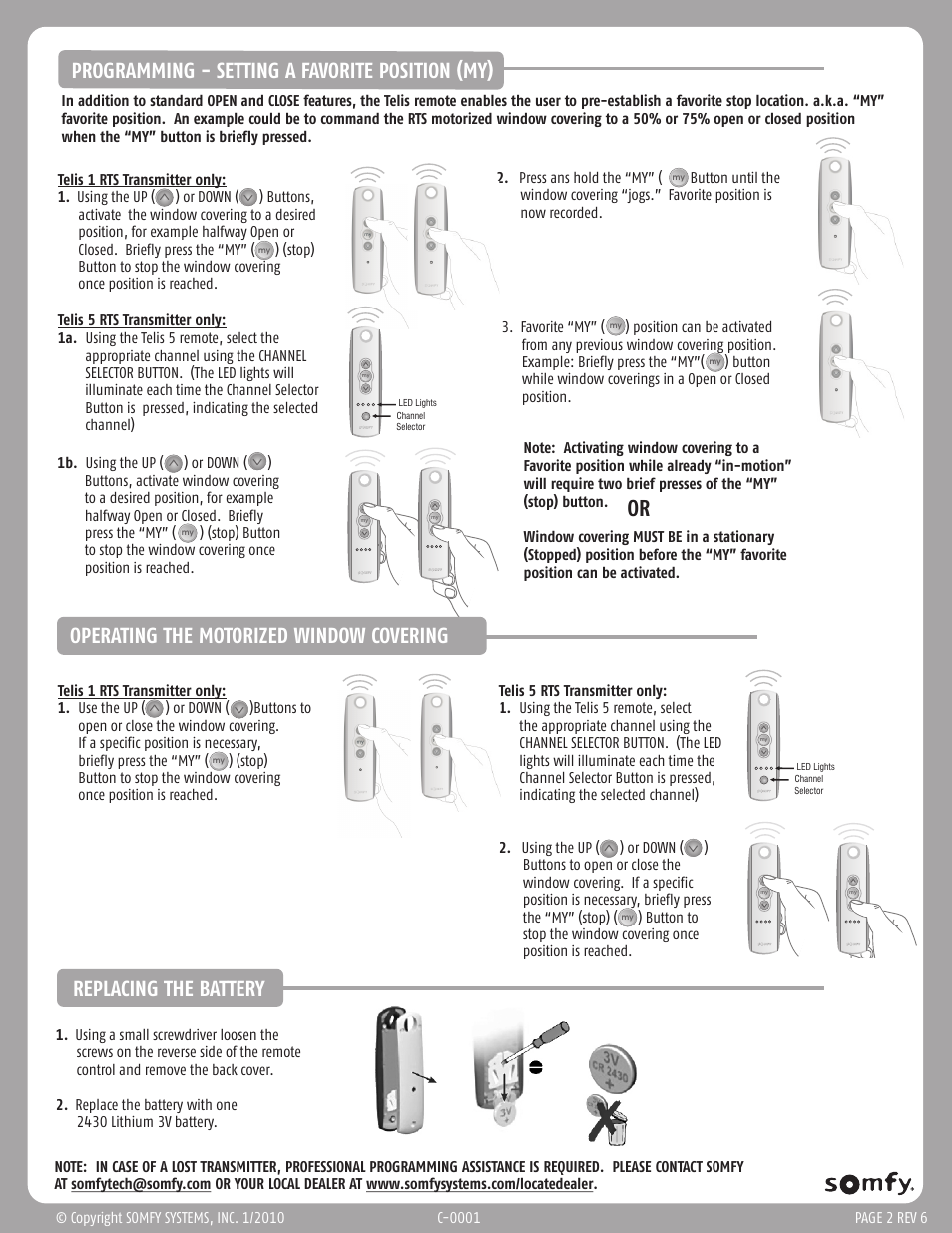Replacing the battery, Programming - setting a favorite position (my), Operating the motorized window covering | SOMFY TELIS RTS User Manual | Page 2 / 2