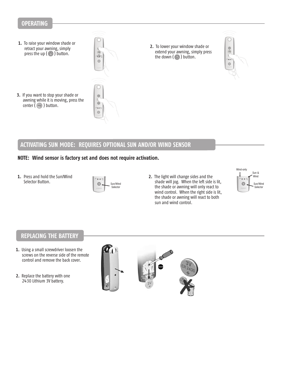 Replacing the battery, Operating | SOMFY TELIS SOLIRIS RTS User Manual | Page 2 / 4