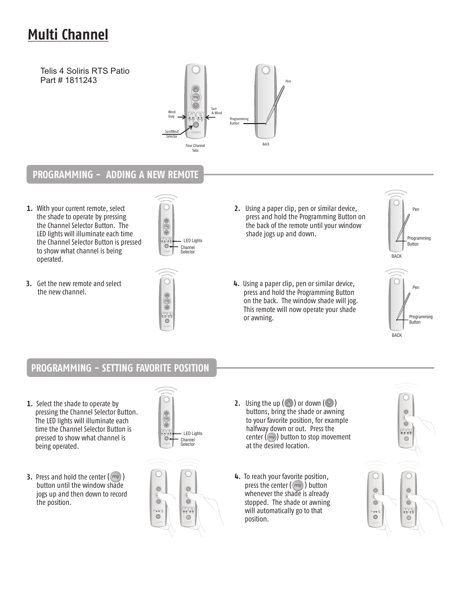 Multi channel, Programming - adding a new remote, Programming - setting favorite position | SOMFY TELIS SOLIRIS RTS User Manual | Page 3 / 4