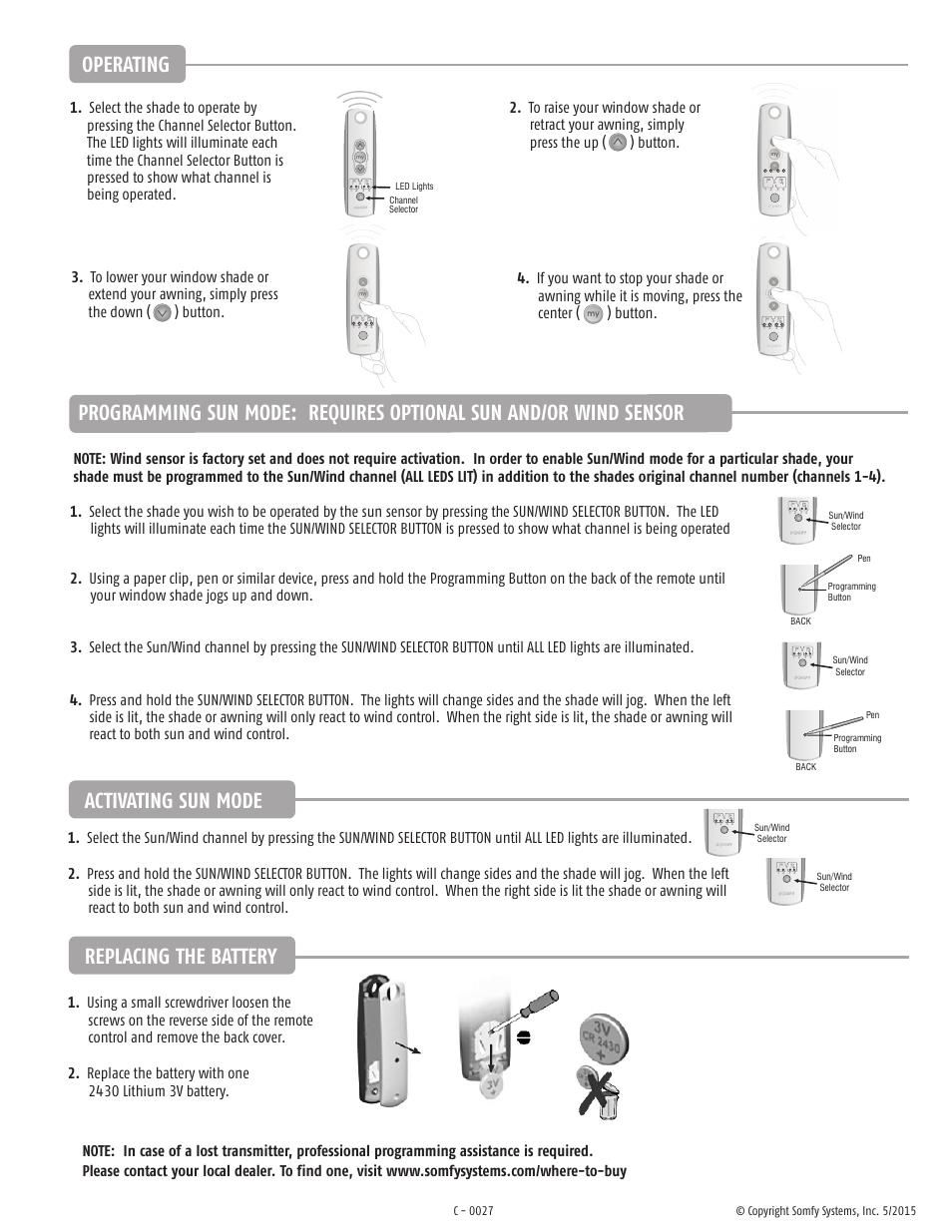 Replacing the battery, Operating, Activating sun mode | SOMFY TELIS SOLIRIS RTS User Manual | Page 4 / 4