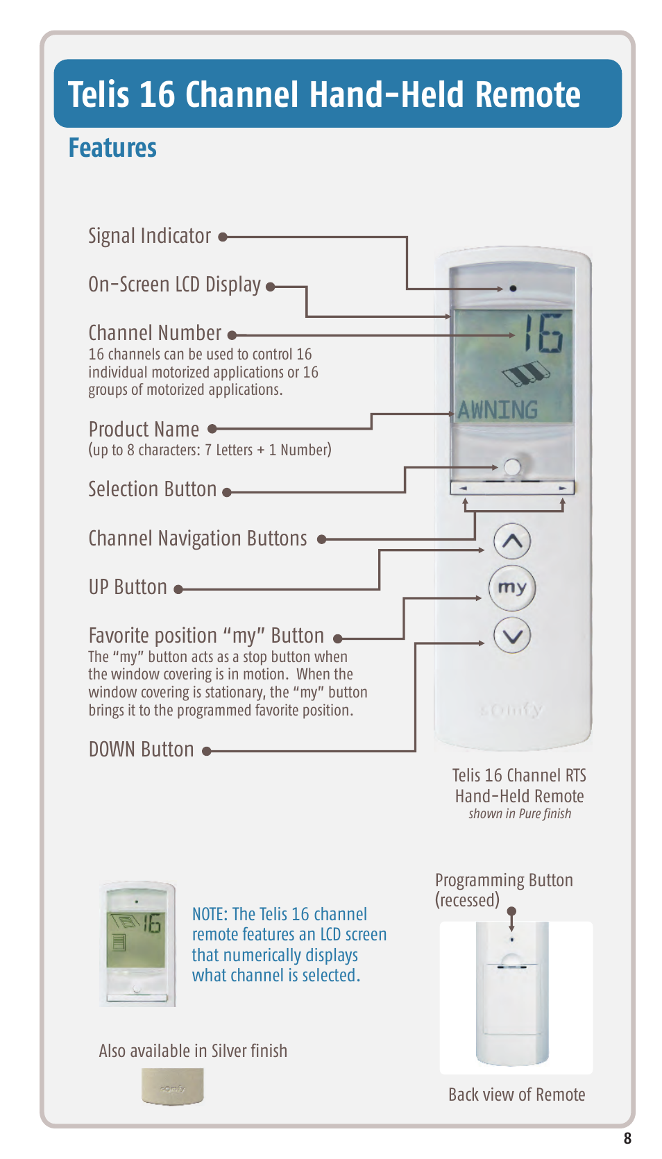 Telis 16 channel hand-held remote, Features | SOMFY SONESSE 30 RTS User Manual | Page 11 / 93