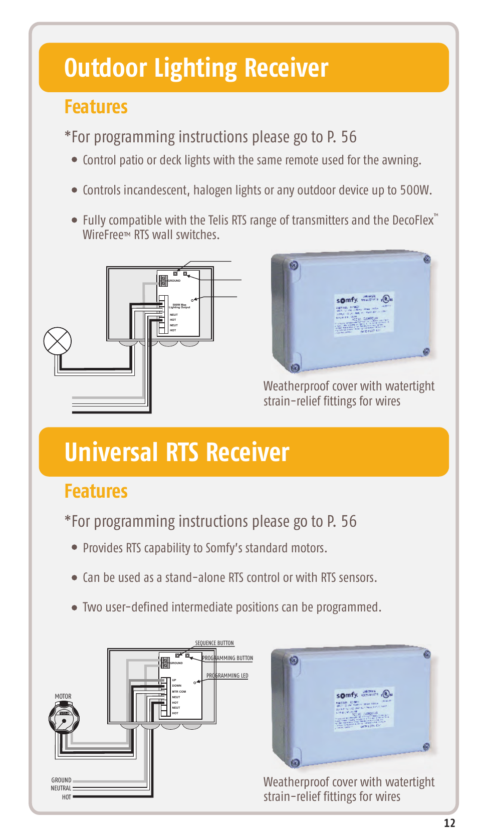 Outdoor lighting receiver, Universal rts receiver, Features | For programming instructions please go to p. 56 | SOMFY SONESSE 30 RTS User Manual | Page 15 / 93