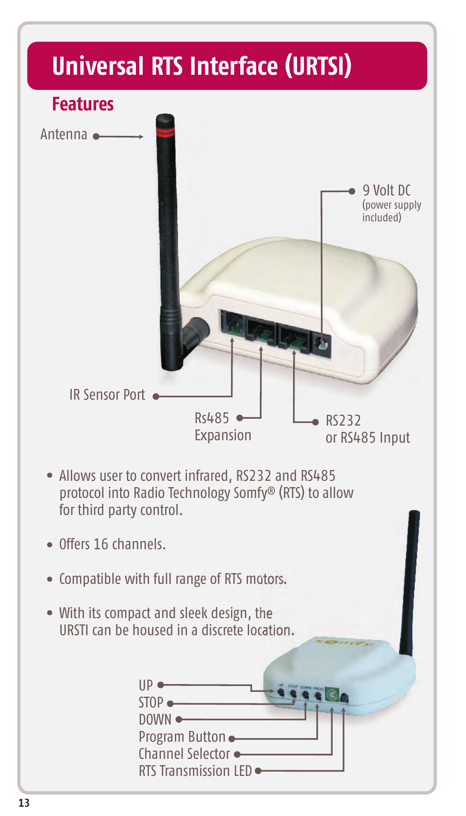 Universal rts interface (urtsi), Features | SOMFY SONESSE 30 RTS User Manual | Page 16 / 93