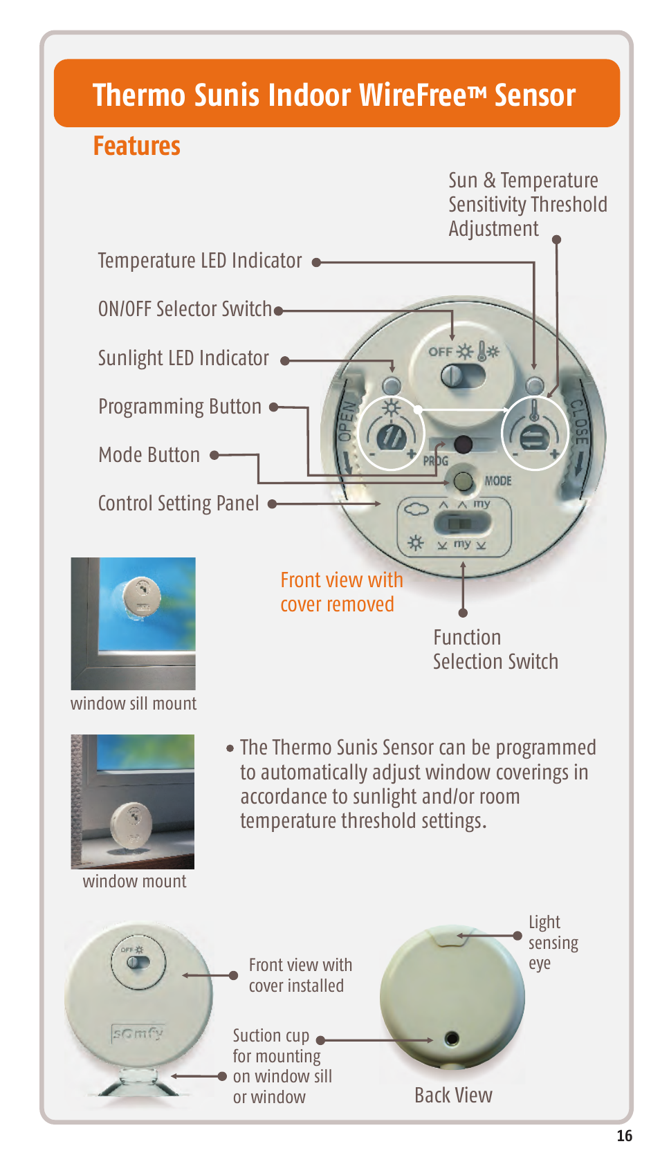 Thermo sunis indoor wirefree sensor, Features | SOMFY SONESSE 30 RTS User Manual | Page 19 / 93