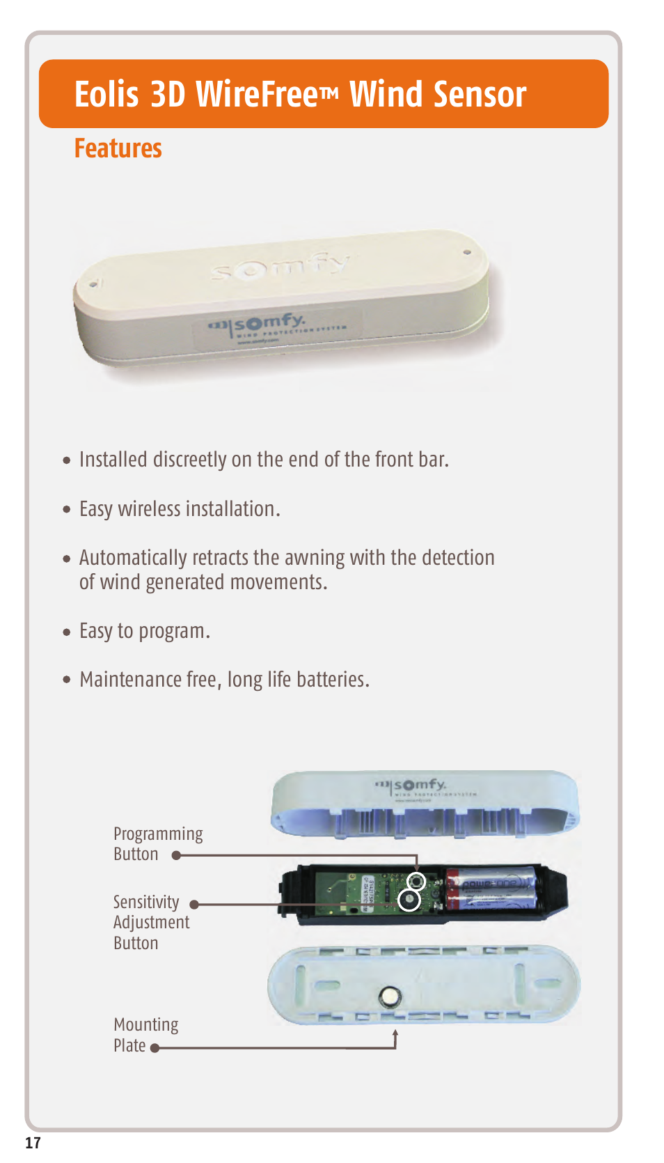 Eolis 3d wirefree wind sensor, Features | SOMFY SONESSE 30 RTS User Manual | Page 20 / 93