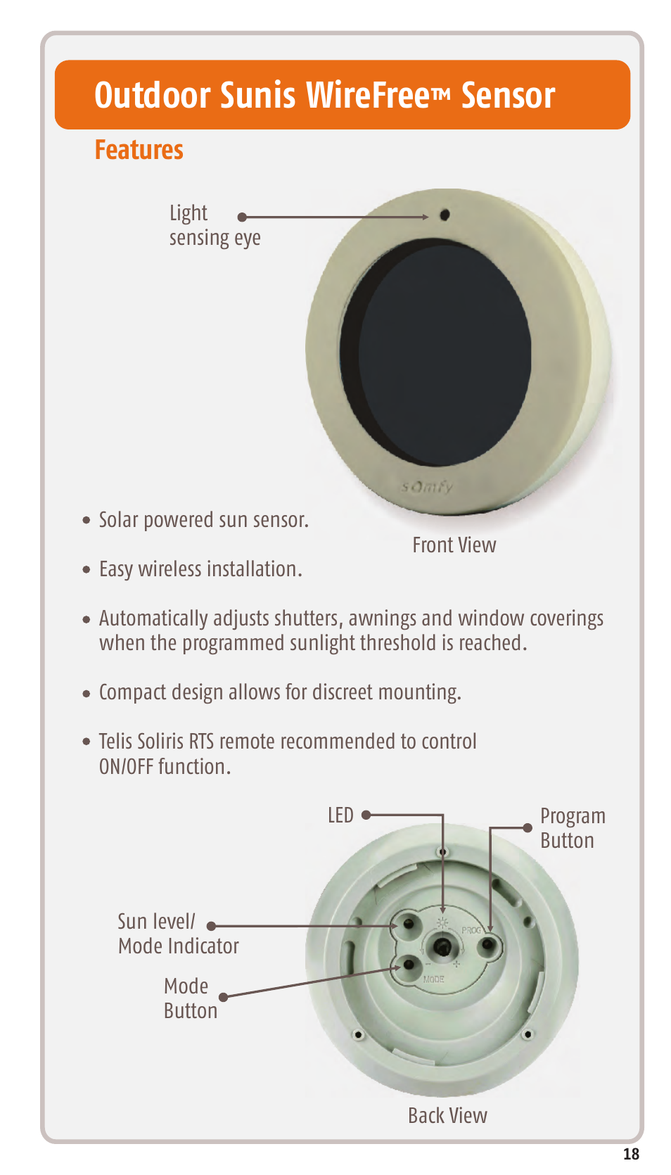 Outdoor sunis wirefree sensor, Features | SOMFY SONESSE 30 RTS User Manual | Page 21 / 93