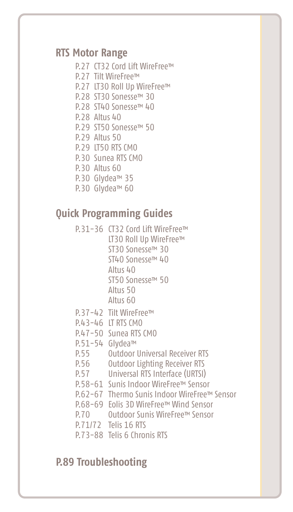 Quick programming guides, Rts motor range, P.89 troubleshooting | SOMFY SONESSE 30 RTS User Manual | Page 3 / 93