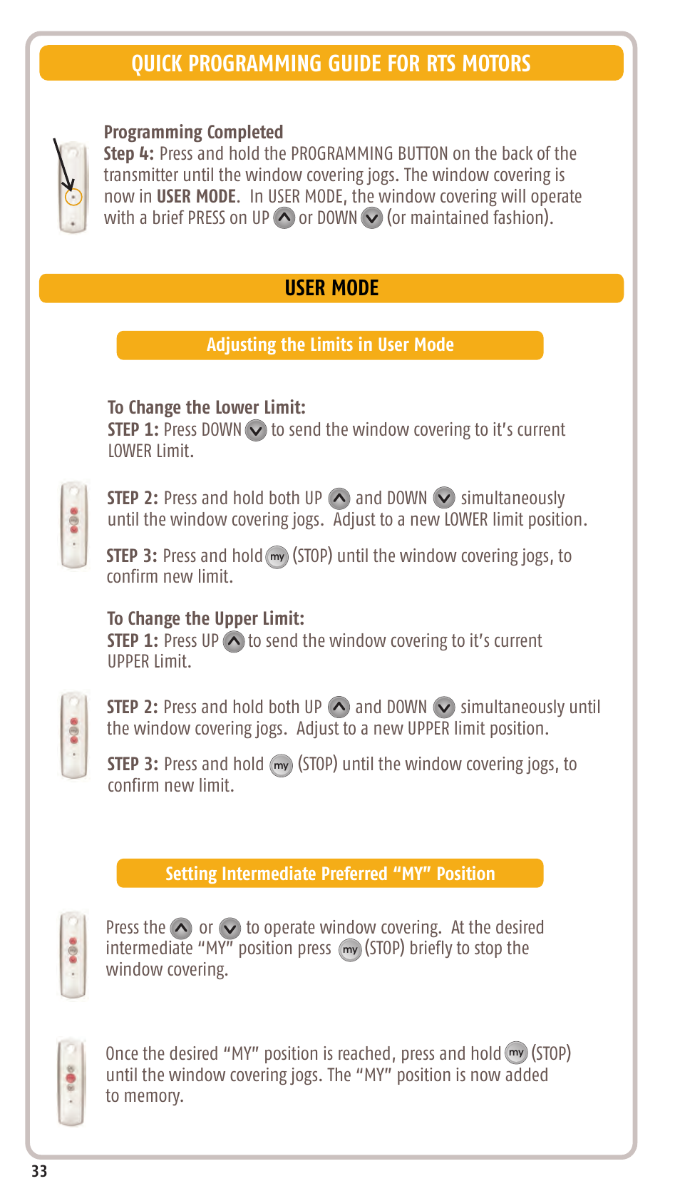 Quick programming guide for rts motors, User mode | SOMFY SONESSE 30 RTS User Manual | Page 36 / 93