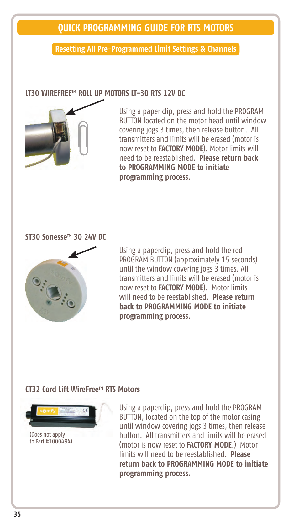 Quick programming guide for rts motors | SOMFY SONESSE 30 RTS User Manual | Page 38 / 93