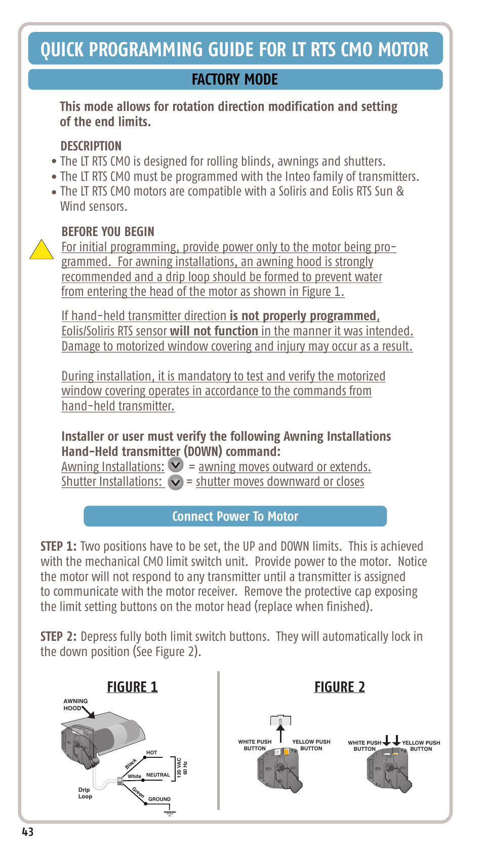 Quick programming guide for lt rts cmo motor, Factory mode, Figure 1 figure 2 | SOMFY SONESSE 30 RTS User Manual | Page 46 / 93