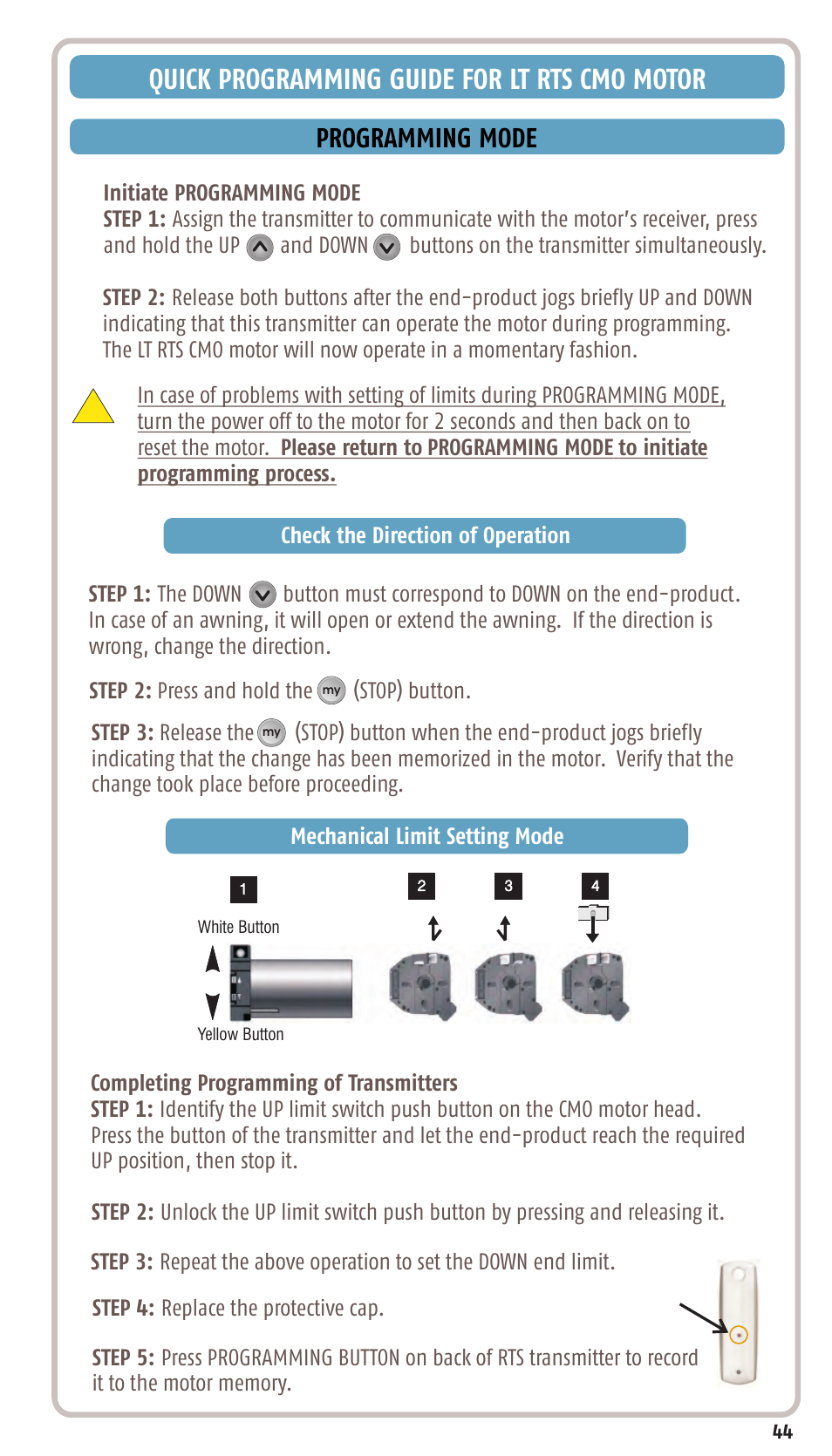 Quick programming guide for lt rts cmo motor, Programming mode | SOMFY SONESSE 30 RTS User Manual | Page 47 / 93