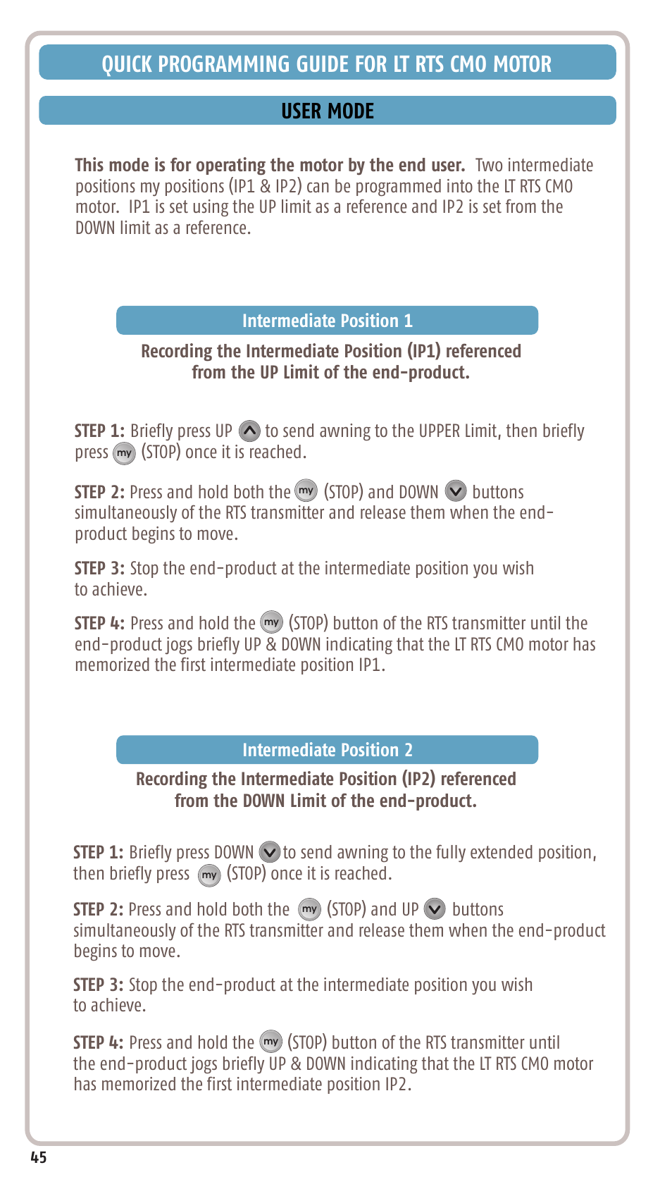 Quick programming guide for lt rts cmo motor, User mode | SOMFY SONESSE 30 RTS User Manual | Page 48 / 93