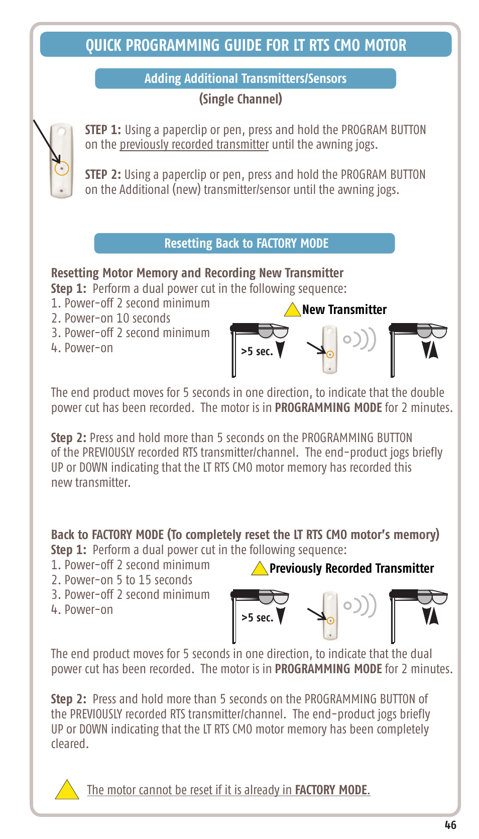 Quick programming guide for lt rts cmo motor | SOMFY SONESSE 30 RTS User Manual | Page 49 / 93